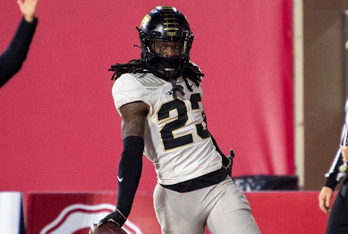 Purdue's Cory Trice (23) scores a defensive touchdown during the second half of the Indiana versus Purdue football game at Memorial Stadium on Saturday, Nov. 26, 2022